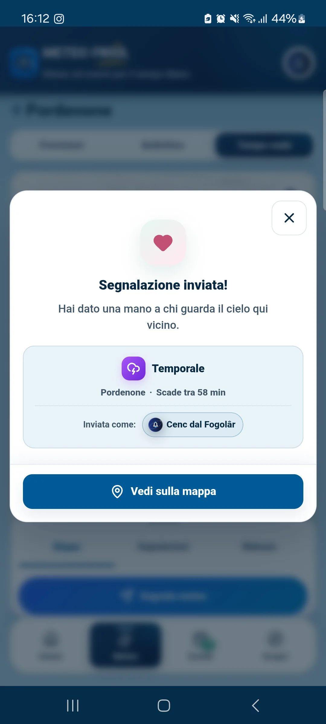 Conferma di una segnalazione di temporale inviata a Pordenone con Meteo Friûl
