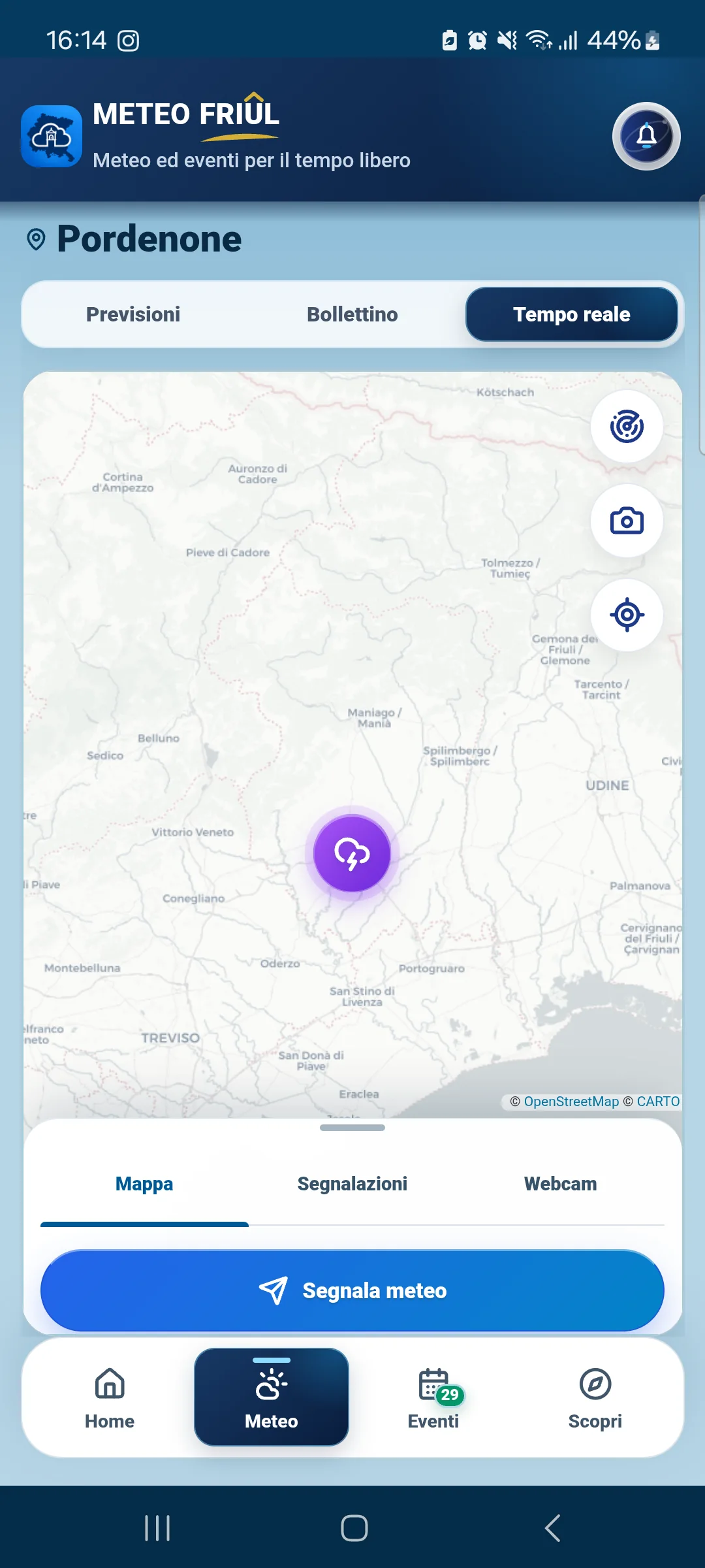 Mappa live di Meteo Friûl con una segnalazione meteo locale